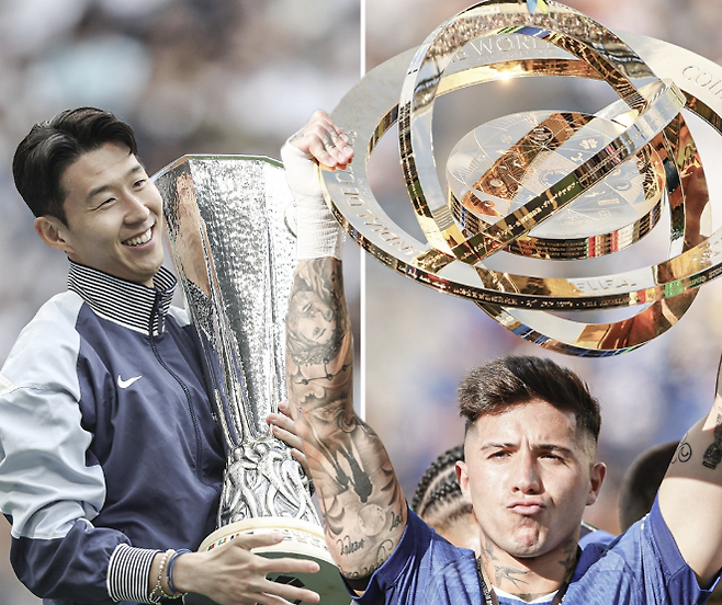 우승컵을 들고 있는 손흥민과 엔소 페르난데스. ESPN