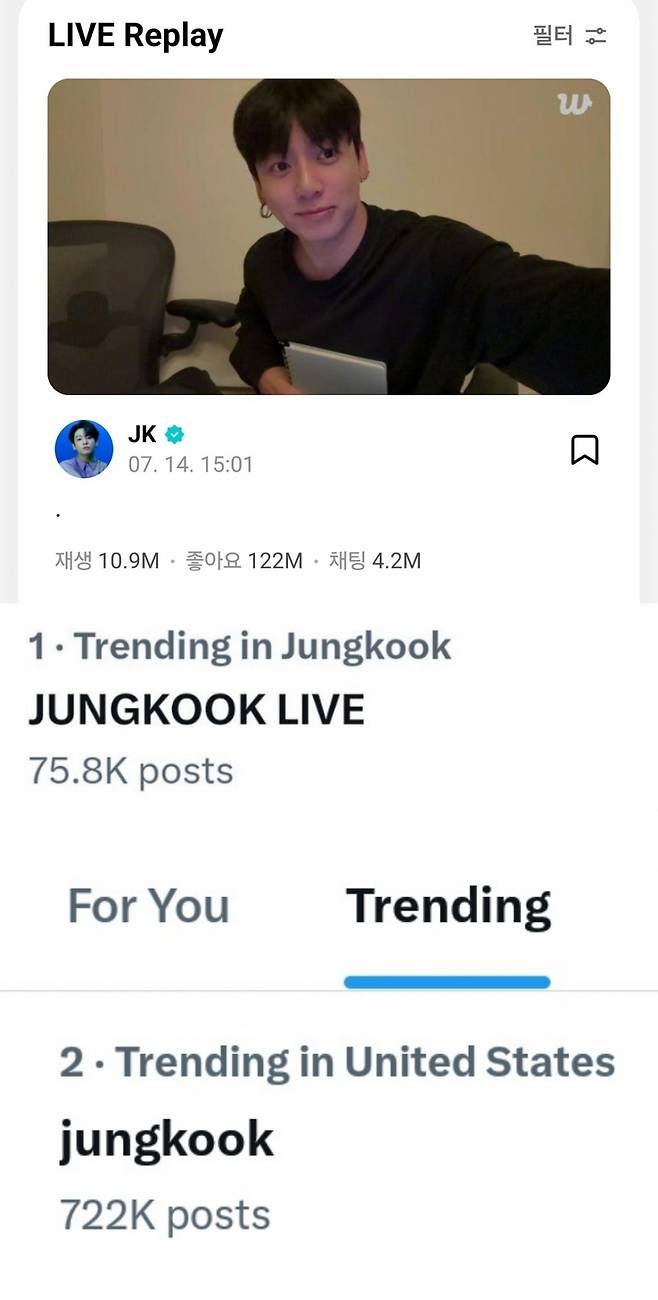 실시간 1090만명이 지켜봤다..방탄소년단 정국 40곡 열창 개인 라이브 방송에 전 세계 '열광'