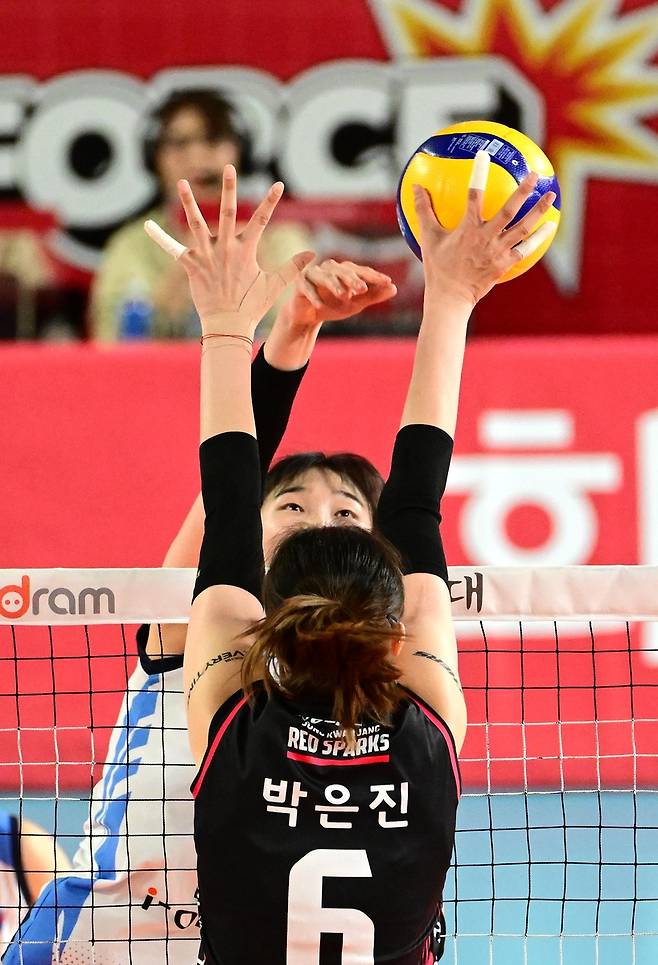 블로킹하는 박은진(등번호 6번 선수) [한국배구연맹 제공. 재판매.DB 금지]