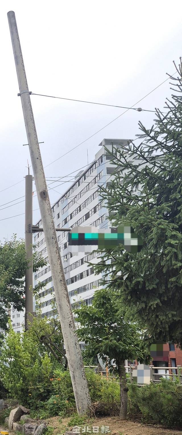 전주시 완산구의 기울어진 전봇대. 김문경 기자