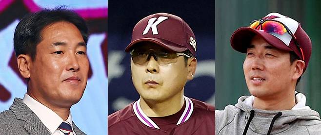 키움이 14일 홍원기 감독(가운데)과 고형욱 단장(왼쪽), 김창현 수석코치에게 보직 해임을 통보했다. 사진 | 연합뉴스