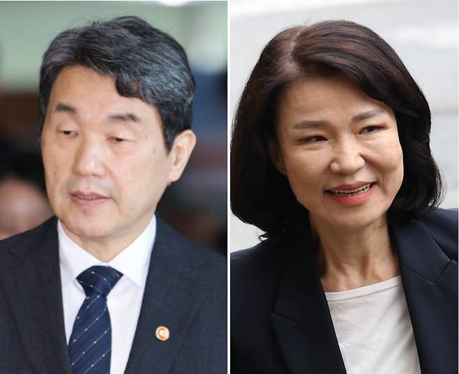이주호 교육부 장관(왼쪽). 이진숙 방송통신위원장이 15일 경기 과천시 방통위로 출근하고 있다. 대통령실사진기자단, 연합뉴스