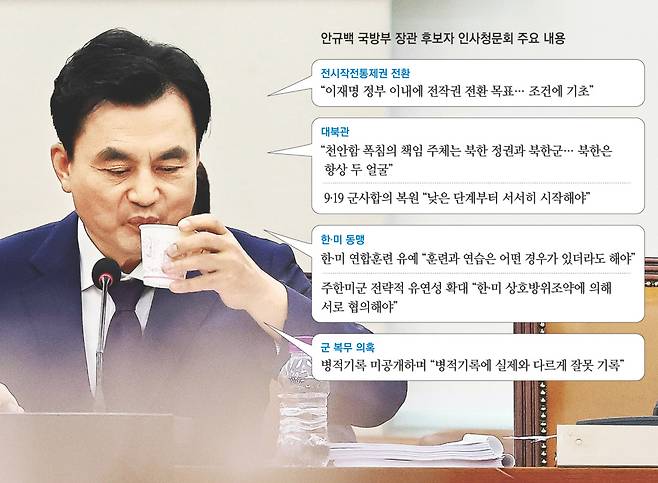 안규백 국방부 장관 후보자가 15일 국회 국방위원회에서 열린 인사청문회에서 물을 마시고 있다. 연합뉴스