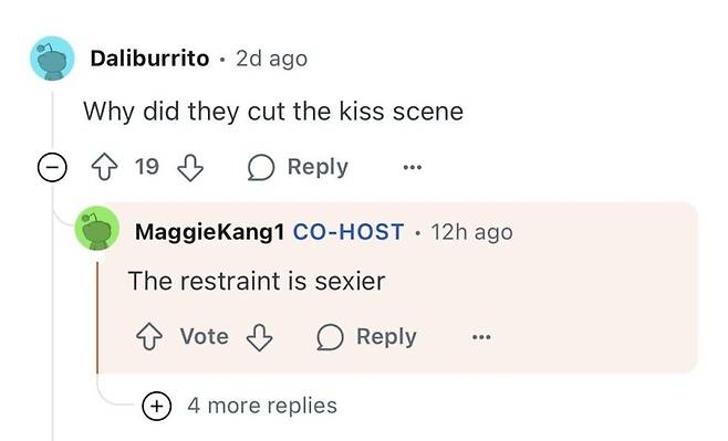 Screenshot of a Reddit post showing Maggie Kang's response to a fan question  (Reddit)