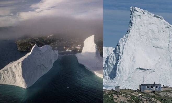 그린란드 마을로 다가가는 초대형 빙산의 모습. 뉴시스