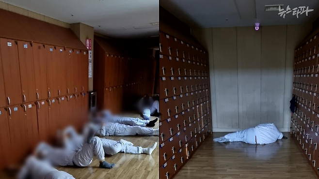 SPC그룹 산하 제빵공장에서 야간 근무 중 휴식을 취하고 있는 노동자들. 마땅한 휴게공간이 없어 탈의실 앞에 누워 있다. 사진은 현재 근무 중인 노동자가 2022년 4월 촬영한 것으로, 그는 "지금도 2022년과 상황이 다르지 않다"고 말했다. 
