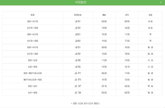 북한이 게시한 '국제항로' (서울=연합뉴스) 북한 국가관광총국이 운영하는 조선관광 사이트가 게시한 '국제항로'에 평양과 중국 상하이를 잇는 항공편 스케줄이 고시된 것으로 16일 확인됐다. 2025.7.16 [조선관광 캡처]