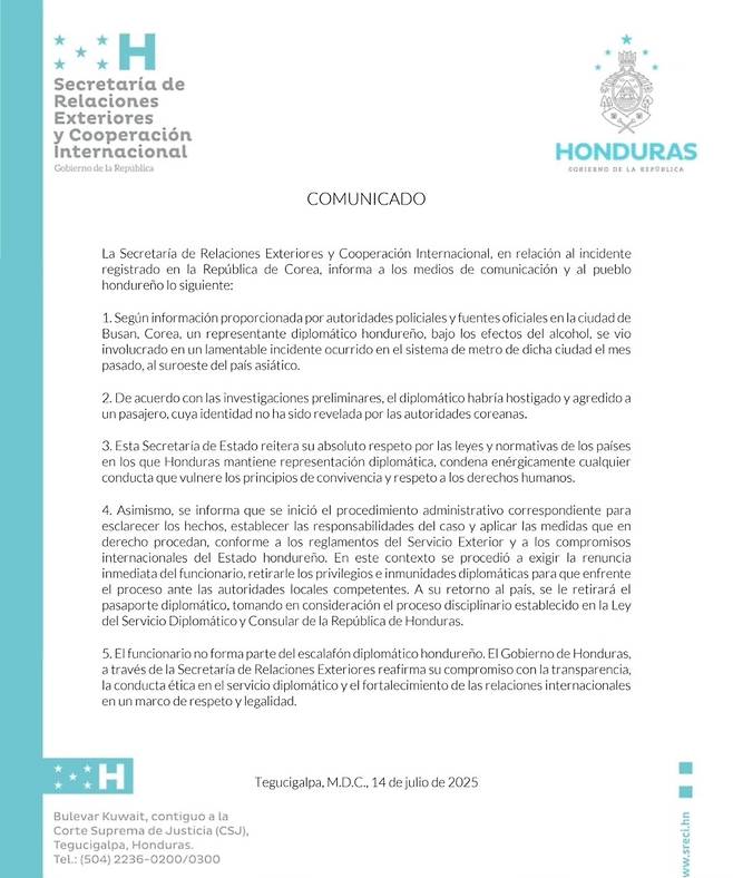 '한국서 범죄 혐의' 외교관 면책특권 박탈 결정 내용 담은 온두라스 외교부 보도자료 [온두라스 외교부 제공. 재판매 및 DB 금지]