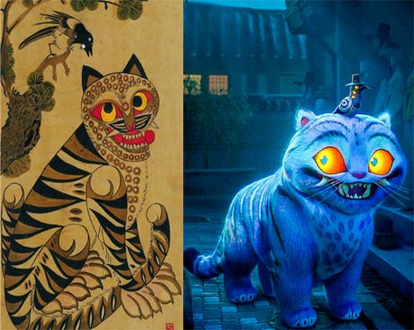 한국 전통 민화 ‘작호도’(왼쪽)와 ‘케이팝 데몬 헌터스’ 속 해치와 까치. <위키피디아 검색>