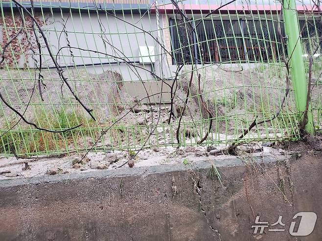 강원 춘천의 한 초등학교 체육관 옆에서 흘러내린 토사.(강원도교육청 제공, 재판매 및 DB금지)