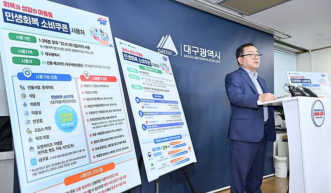 홍성주 대구시 경제부시장이 17일 대구시청 동인청사에서 민생회복 소비쿠폰 지급 계획을 발표하고 있다. 대구시 제공