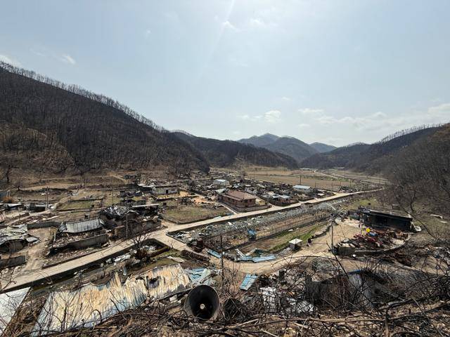 신흥리 앞산에서 촬영한 산불로 타버린 신흥리 풍경. 김현일씨가 대피를 알리던 마을회관 마이크 잔해가 이곳까지 날아와 있다. 안동=허유정 기자
