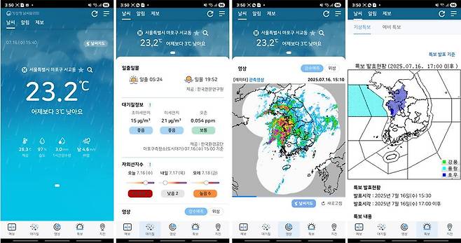 기본 날씨 및 미세먼지 정보, 구름 레이더 및 특보 발효 상황 등을 알 수 있다 / 출처=IT동아