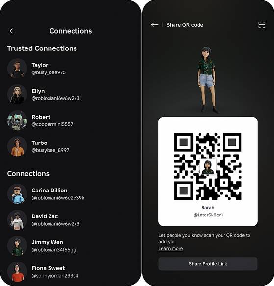 온라인 게임 플랫폼 로블록스는 만 13세~17세 이용자 대상의 '신뢰할 수 있는 인맥' 기능을 새로 추가함으로써, 이 나이대 이용자들이 개방적이고 자유로운 소통을 할 수 있게 했다고 17일 밝혔다. 만 18세 이상 성인은 오프라인에서 QR코드 등을 입력해야 신뢰할 수 있는 인맥에 추가하게 했다. 사진 로블록스