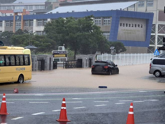 The Dangjin Information High School in South Chungcheong is flooded and shut on July 17. [DANGJIN CITY]