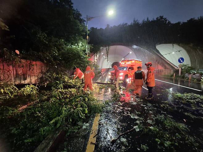 Firefighters and officials work to remove fallen trees from the streets of Bupyeong District, Incheon, at night on July 16. Trees fell due to a landslide caused by the heavy rain, according to officials. [INCHEON FIRE DEPARTMENT]