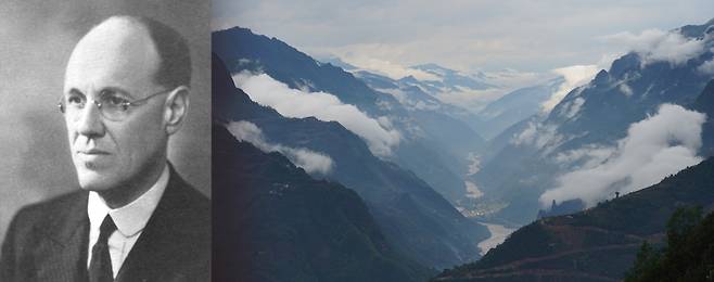 영국 출신 중국 리수족 선교사 제임스 O 프레이저의 생전 모습입니다. 오른쪽은 그가 선교지를 방문키 위해 수차례 오갔던 중국 윈난성 누장강 대협곡 사진입니다. 중국기독교인명사전(BDCC), 위키피디아