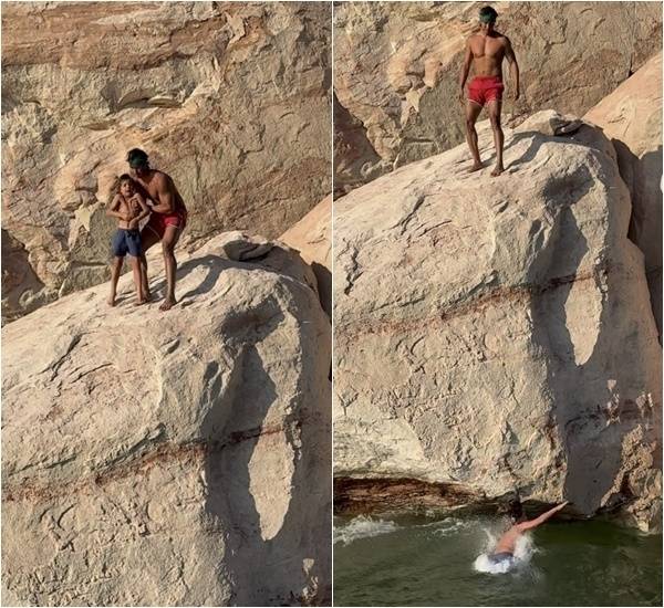 미국의 인기 여행 인플루언서가 아이를 강하게 키우겠다며 7살 아들을 절벽에서 던지는 영상을 공개해 논란이 되고 있다. [사진 = 인스타그램(@garrettgee) 캡처]