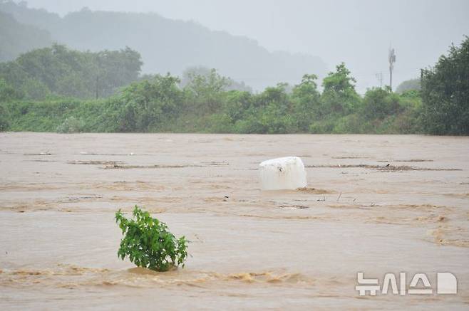 [청주=뉴시스] 서주영 기자 = 집중 호우가 내려진 17일 충북 청주시 환희교 인근 미호강의 물이 불어나 있다. 2025.07.17. juyeong@newsis.com