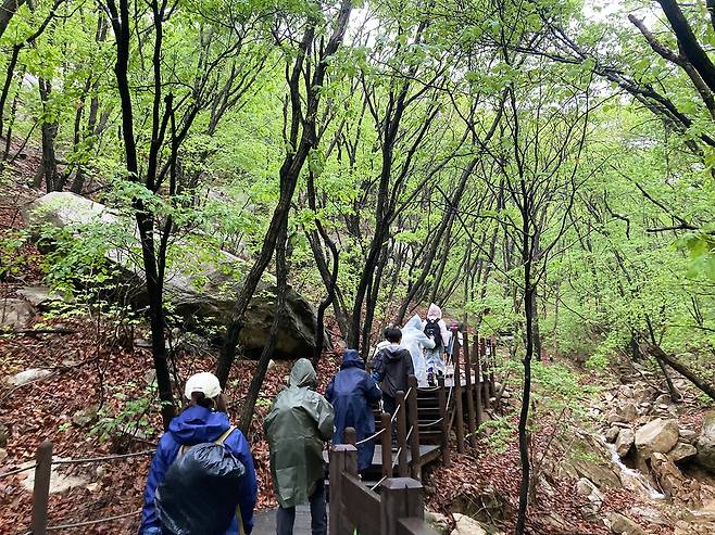 우비 입고 트레킹에 나선 사람들. 사진제공|승우여행사