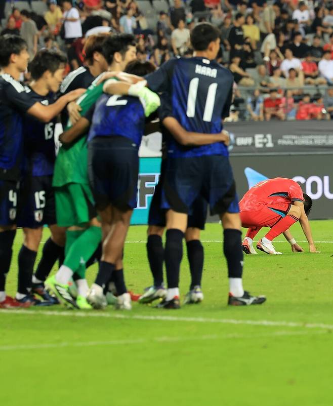 ▲ 15일 오후 용인미르스타디움에서 대한민국과 일본의 2025 동아시안컵 3차전이 열렸다. 나상호의 골대 불운으로 선제 득점 기회를 날린 한국은 저메인 료에게 곧바로 결승골을 허용하며 0-1로 졌다. 동아시안컵 우승은 일본에 넘어갔다. ⓒ연합뉴스