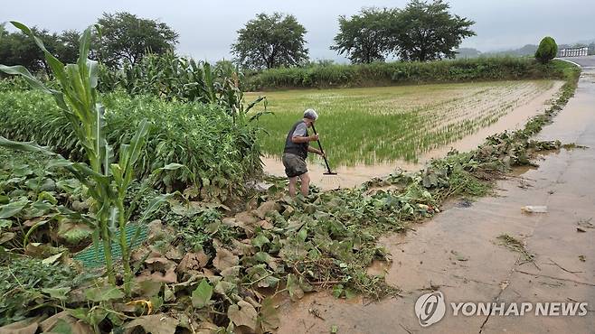 "이걸 다 어쩐댜?" (서산=연합뉴스) 정윤덕 기자 = 17일 오전 충남 서산에 많게는 400㎜ 넘는 물폭탄이 쏟아진 가운데 새벽에 마을회관으로 피신했던 음암면 유계리 주민 김상현(79) 씨가 잠시 비가 그친 틈을 타 집으로 돌아와 논밭을 정리하고 있다. 2025.7.17