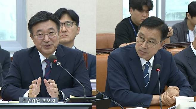 윤호중 행정안전부 장관 후보자(왼쪽)가 18일 국회 인사청문회에서 위성곤 국회의원이 '제주형 기초자치단체 설치'에 대한 질의에 답변하고 있다. 사진 국회방송 발췌