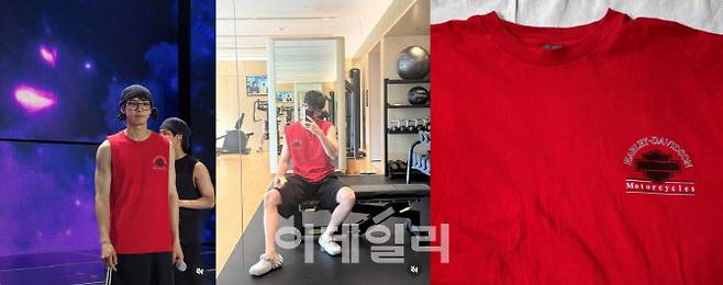 차은우가 할리데이비슨 빨간색 민소매 티셔츠를 착용한 모습과 제품 사진 (사진=차은우 인스타그램 계정 캡처, 온라인 상품몰 제품사진 캡처)