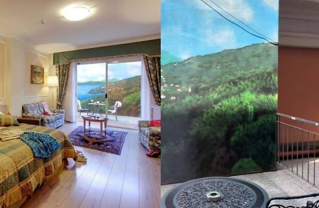 호텔 예약 페이지에 올라온 사진(좌)과 SNS에 올라온 실제 호텔 모습(우). 호텔 사이트, 틱톡