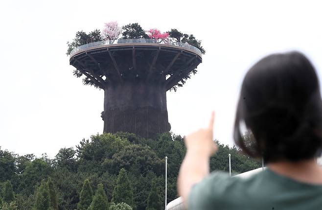 지난 10일 경남 창원시의 랜드마크로 기대를 모은 인공나무 전망대 '빅트리'가 90% 이상 공정율을 보이는 가운데 한 시민이 빅트리를 가리키며 '저게 300억이 넘어?'라고 말하고 있다./ 김동환 기자