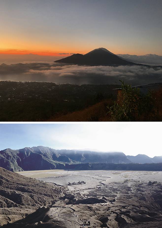 (위)바투르산 정상에서 바라본 아궁산 (아래)인도네시아 브로모산 분화구 주변 풍경