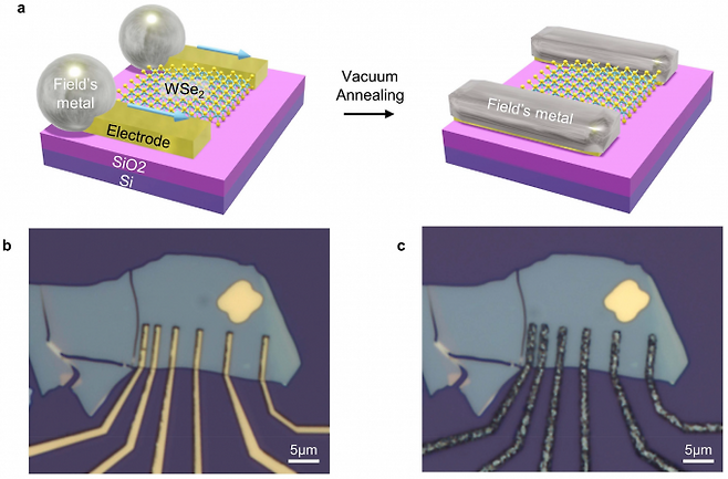 필즈메탈을 전극 위에 올리고 열을 가해 스스로 전극 모양으로 퍼지도록 하는 자가전파 과정을 설명한 그림(위)과 실제로 촬영된 모습. Han et al.(2025)/Nanoscale 제공