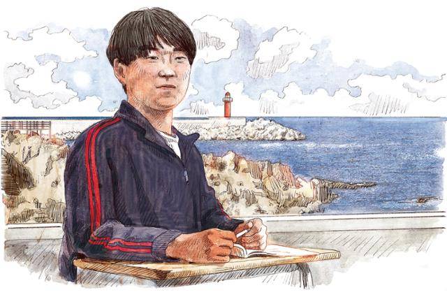 산불로 집을 잃은 임지호군이 경북 영덕군 영해면의 중학교 교실에 앉아 불에 탄 고향마을을 떠올리고 있다. 일러스트=신동준 기자