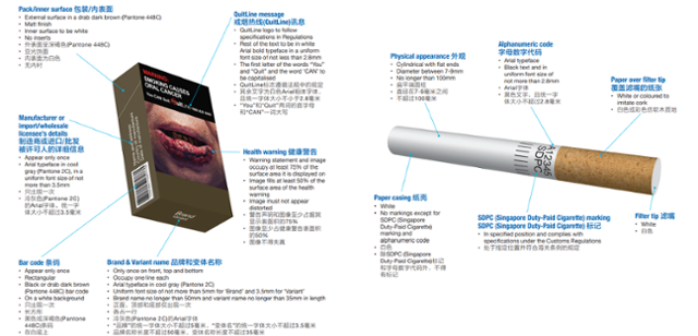 싱가포르 보건진흥청이 공개한 담배 포장 규정(사진 왼쪽). 담배 관련 로고나 브랜드가 없고, 전체의 75%가 건강 경고 사진으로 채워져 있어야 하며, 칙칙한 갈색을 띠어야 한다. 싱가포르에서 판매되는 모든 담배의 낱개비 필터에는 납세 제품을 뜻하는 SDPC 마크가 적혀 있다(오른쪽). 이 마크가 없는 담배를 피우다가 경찰에 적발되면 벌금을 물게 된다. 싱가포르 보건진흥청