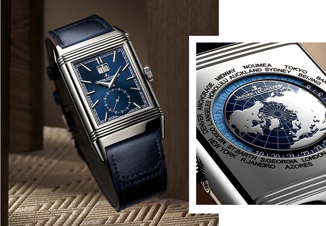 케이스 뒷면에 전 세계 시간을 한번에 확인할 수 있는 월드타임 기능을 탑재한 2025년 신제품 리베르소 트리뷰트 지오그래픽 스틸 버전. 사진 예거 르쿨트르