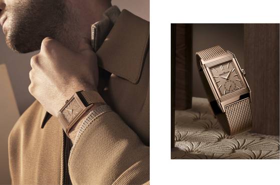 밀라네즈 메시 브레이슬릿이 특징인 리베르소 트리뷰트 스몰 세컨즈 모델. 사진 예거 르쿨트르