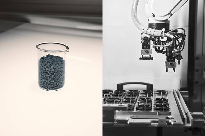 (왼쪽) 고강도 세라믹 케이스를 만들기 위한 미네랄(광물)로 고온과 고압 처리 과정을 통해 단단하고 내구성을 지닌다. (오른쪽) 케이스 제조 과정. 로봇의 정교함과 엔지니어의 숙련된 작업이 필요하다. 사진 샤넬