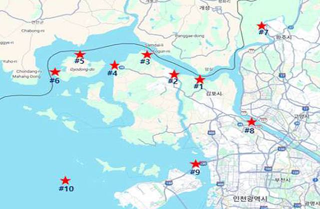 ▲ 관계부처 합동 특별 실태조사에서 실시된 조사 정점. 1~6번은 강화도 및 김포 북단으로 원자력안전위원회가, 7~8번은 한강 및 임진강 하구로 환경부가, 9~10번은 인천 연안으로 해양수산부가 각각 조사 주체가 되어 실태조사를 진행했다. ⓒ정부 관계부처 합동 보도자료