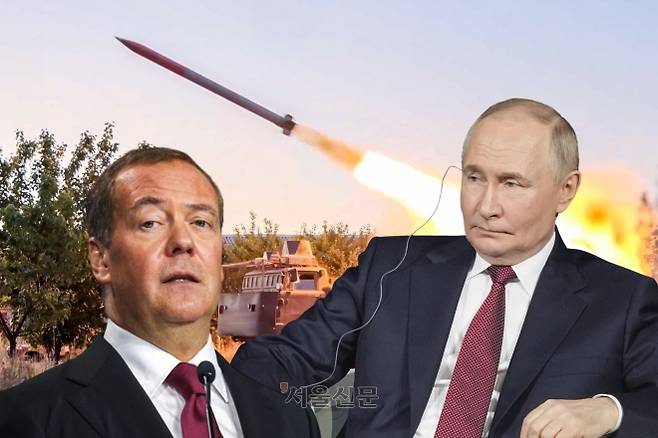 드미트리 메드베데프(왼쪽) 러시아 국가안보회의 부의장과 블라디미르 푸틴 러시아 대통령. 서울신문