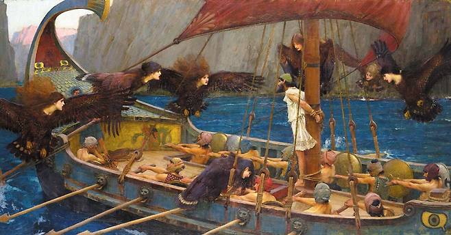 존 윌리엄 워터하우스의 1891년 작 '오디세우스와 사이렌'. 오디세우스는 항해 중 사이렌의 노래에 유혹당하지 않으려 선원들의 귀를 밀랍으로 막고 돛대에 스스로를 묶는다. /멜버른 내셔널 갤러리 오브 빅토리아 소장