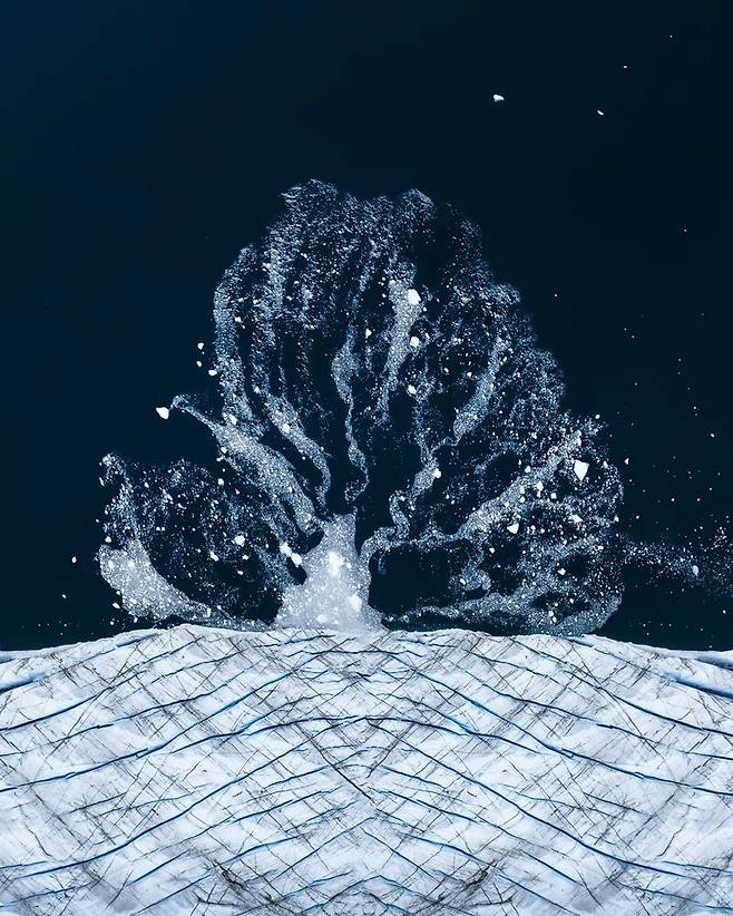 ‘올해의 사진’ 2위는 얼음나무(Tree of Ice). 빙하가 붕괴하면서 그린란드 북동부 국립공원 물속에 나무 모양 무늬가 만들어졌다. Talor Stone / The Inaugural International Aerial Photographer of the Year