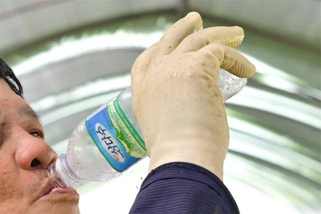 지난 9일 오후 경기 포천시의 한 부추 비닐하우스에서 이주노동자가 일하다 물을 마시고 있다. 포천=최주연 기자