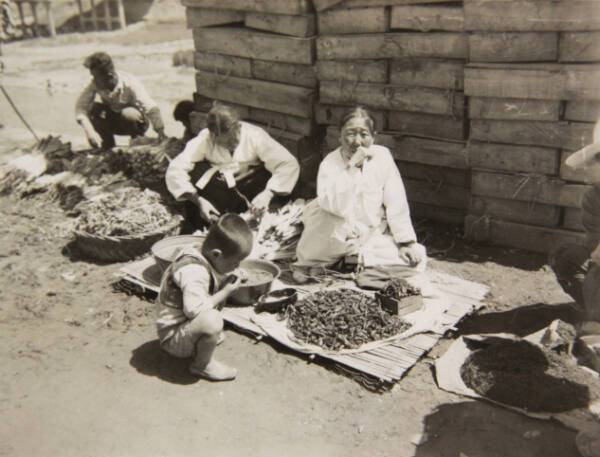 1948년 5월11일에 촬영된 사진. 상인들이 전라남도 광주의 한 장터에서 직접 농사 지은 말린 고추와 우거지, 무 등을 팔고 있다. 국사편찬위원회