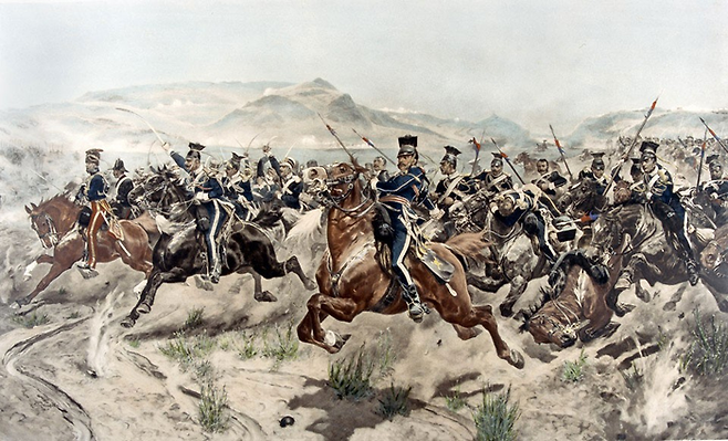경기병대의 돌격(The Charge of the Light Brigade, 1894년 캔버스에 유화). 일러스트레이티드 런던 뉴스의 의뢰로 리처드 캐톤 우드빌 주니어가 발라클라바 전투를 묘사한 삽화. 스페인 마드리드 왕궁 영구 소장품. [사진 출처=공공 저작물]