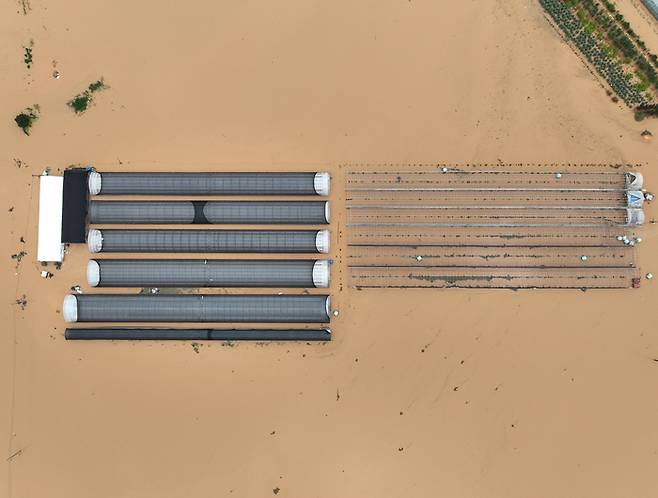 지난 17일 충남 예산군 삽교읍 수촌리 일대 논과 비닐하우스가 폭우로 침수돼 있다. [사진 = 연합뉴스]