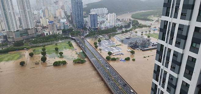 [울산=뉴시스] 구미현 기자 =밤새 내린 많은 비로 울산 태화강 수위가 크게 오르면서 태화강 국가정원과 파크골프장 등이 둔치 시설이 침수됐다. 19일 오전 울산 태화교 일대 모습. (사진=울산소방본부 제공) 2025.07.19. photo@newsis.com *재판매 및 DB 금지