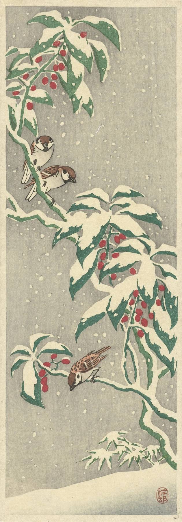 ▲Sparrows on snowy currant bush (1900 – 1945), Ohara Koson (Japanese, 1877-1945)