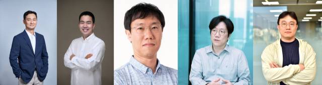 (왼쪽부터)신동훈 KT Gen Al랩장(상무), 권순일 업스테이지 부사장, 조동연 SK텔레콤 이노베이티브모델 담당, 성낙호 네이버클라우드 하이퍼스케일 AI 기술 총괄, 이진식 LG AI연구원 엑사원랩장. 사진 제공=각 사