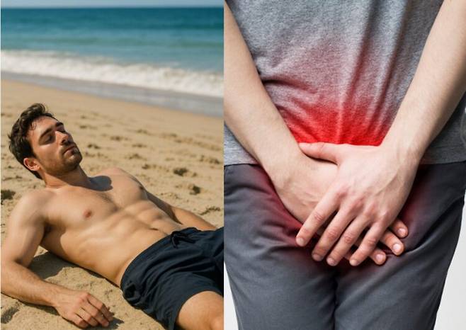 한 남성이 해변에서 맨살로 모래에 누워 있다가 성기 피부 아래에 기생충 유충이 침투하는 희귀 질환에 걸린 사례가 전해졌다. [사진=(좌)AI생성 / (우)게티이미지뱅크]