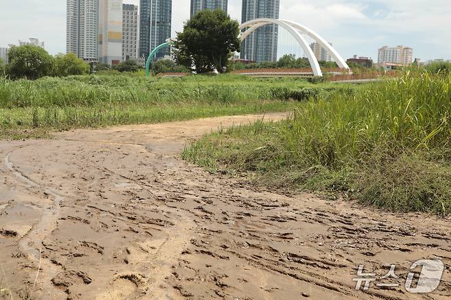 20일 울산 태화강 국가정원에 전날 내린 집중호우로 인해 진흙이 빗길 따라 흩어져 있다.2025.7.20./뉴스1 ⓒ News1 김세은 기자